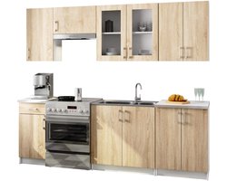 Complete Keuken, Keukenmeubelset met Verkblad LIMA H720 240 cm breed met Vitrinekast / Keukeneenheid zonder apparatuur / Wit – Sonoma Eik / 240 x 203 x 44,5 cm