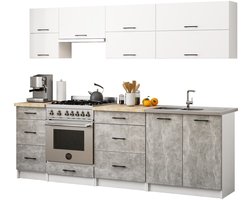 Complete Keuken, Keukenmeubelset OLI0WIA G2 met Verkblad 240 cm breed / Keukeneenheid zonder apparatuur / Wit – Beton Grijs / 240 x 203 x 46 cm