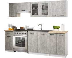 Complete Keuken, Keukenmeubelset OLIWIA met Verkblad 240 cm breed met Vitrinekast / Keukeneenheid zonder apparatuur / Beton Grijs / 240 x 203 x 46 cm