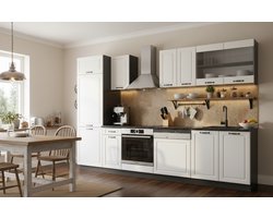 Complete Landhuis Keukeneenheid 300 cm, Vleugeldeuren, Wit/Antraciet, Verstelbare Poot & Planken, Inclusief Onder- en Hangkasten, Zonder Werkblad – 300 x 207 x 60 cm – Novihome