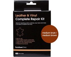 Complete Lederen Reparatie Set - Kleur: Midden Bruin / Med Brown | Voor banken, autostoelen, meubels, stoelen van leer - Plak, vul en herstel krassen, scheuren, gaten en andere beschadingen | Furniture Clinic | Complete Leather Repair Kit - Med Brown