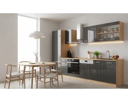 Complete Moderne Keukeneenheid 300 cm, Antraciet Hoogglans/Goud Eiken, Vleugeldeuren, Verstelbare Planken & Poot, Zonder Werkblad – 300 x 207 x 46 cm – Novihome