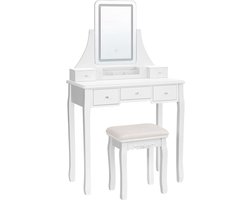 Complete set Kaptafel & Kruk Massief Houten Poten & 5 Lades & Led Verlichting 3 Kleuren Geel, Koud - Warm wit & Afneembare Organisatie - Make-Up Tafel & Spiegel & 5 Laden - Kaptafel 80X40X137.5 Kruk 37x28x45 Wit - Hoge kwaliteit MDF- Cosmetica-tafel