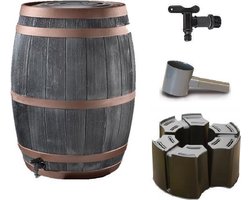Complete set: Regenton bronzen band 235 Ltr | Hout effect | Handbewerkt | Inc.voet & vulautomaat