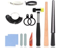 Complete Set van 11 Stuk Ringmaat Gereedschap met Ringmandrel, Rubber Hamer en Schoonmaakdoek voor Sieradenherstel en Polijsten