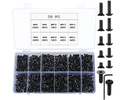 Complete Set van 720 Stuks M4 Hex Socket Schroeven en Bouten voor 3D Printers - Inclusief 360 Countersunk Pan Head en 360 Platte Schroeven in Diverse Maten 6mm/8mm/10mm/12mm/14mm