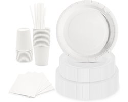 Complete Set voor 15 Personen met Witte Papieren Borden, Bekers, Servetten en Rietjes - Duurzaam en Composteerbaar voor Feesten, Picknicks en Barbecues