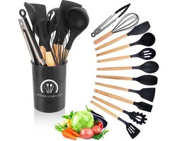 Complete Siliconen Kookgerei Set met Houten Handvatten - 12-delige - Inclusief Gatenlepel, Pastaschep, Soeplepel, Garde & Afneembare Oliekwast - Met Opbergrek - Krasvrij - Zwart