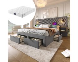 Complete slaapkamerset, gestoffeerd tweepersoonsbed 160×200 cm met 2 nachtkastjes en 4 lades, leeslampje met USB-oplaadfunctie in het hoofdeinde, grijs, fluweel (inclusief matras)