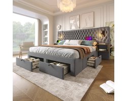 Complete slaapkamerset, gestoffeerd tweepersoonsbed 180×200 cm met 2 nachtkastjes en 4 lades, leeslampje met USB-oplaadfunctie in het hoofdeinde, grijs, fluweel (exclusief matras)