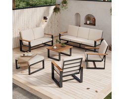 Complete Tuinloungeset - 3-Zits Bank, 2-Zits Bank, 2 Fauteuils, Salontafel & Hocker - Acaciahout Blad - Verzinkt Staal - Beige - Ideaal voor Tuin, Terras & Balkon