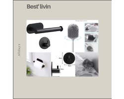 Complete wc/toilet accessoire set | wit + mat zwart - wc papier houder - toilet borstel + houder - handdoek haakje - wc rol houder - zelfklevend