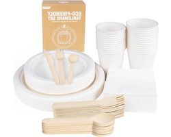Composteerbare servies set voor verjaardagen, feestjes en picknicks - 200-delige milieuvriendelijke papieren servies set met borden, bestek en bekers