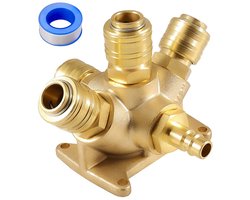 Compressed air distributor, wall box, compressed air soft made of brass, 1/2 inch brass compressed air softer, 5-way wall box, compressed air distributor with 1 x 1/2 inch plug nipple and 4 x 1/2 inch