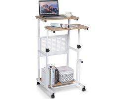 Computer bureau 2-in-1 kantoortafel met in hoogte verstelbaar tafelblad 55 x 53 x 98 cm Naturel + Wit, Laptoptafel op wielen,Laptoptafel