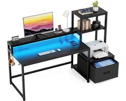 Computer Bureau met Lade en Printer Plank Omkeerbaar 175 cm Home Office Bureau met LED Lichten Monitor Stand en Haken - Zwart