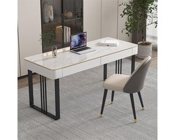Computer Desk Gold Modern Home Office Desk with 2 Drawers Marble Stone Top Metal Frame 100/120/140/160 cm Width x 60 cm Depth x 75 cm Height Elegant Writing Desk PC Desk Vanity Table Bedroom Study Workstation