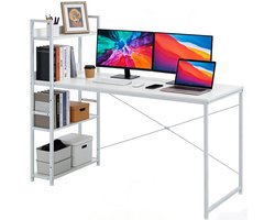 Computerbureau / Bureautafel – Game Bureau / Gaming Desk – 140 x 60 cm – Bureaublad Meubel met Boekenrek – Wit