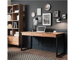 Computerbureau Industrieel met Laden – 74,5 cm Hoog – Home Office Bureau van Massief Hout en Metaal – PC Tafel met Opberglades en Walnoot Houtlook