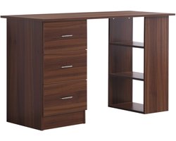 Computerbureau met 3 laden, modern, 120 x 50 cm, walnoot | 3 open planken, omkeerbare opslag, computertafel, slaapkamer, kleine ruimte, telewerk