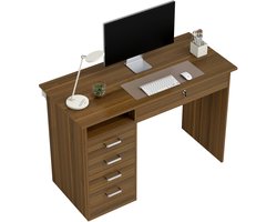 Computerbureau met 5 lades - 110 x 50 cm - bureau met opbergruimte - open plank - afsluitbare lade - walnoot