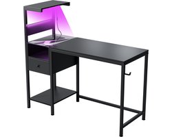 Computerbureau - werktafel - kantoorbureau - computerbureau met stroomvoorziening - met stopcontact - met opbergplank - met haken - met LED-verlichting - 121*50,8*115 cm - geschikt voor kantoor, studeerkamer, etc. - zwart
