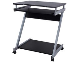 Computerbureau werktafel verrijdbaar 60 x 48 x 73 cm, zwart Z-vormig bureau met uitschuifbaar toetsenbordrek en wieltjes voor eenvoudig verplaatsen van het bureau, compact ontwerp geschikt voor kleine ruimtes
