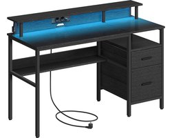 computertafel-120 x 90 cm-Bureau-met stoffen laden-met monitorstandaard-LED-verlichting-zwart