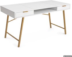 Computertafel Bureau ARDEN / Industrieel / Wit / 120 cm / 2 Lades / 1 Plank / Gouden Poten