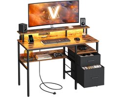computertafel-Bureau met stoffen laden-met monitorstandaard-LED-verlichting-5 x 120 x 90 cm-bruin