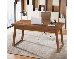 Computertafel / Bureautafel 140x70x78 cm – Mid-Century Modern Houten Werktafel voor Thuis, Kantoor, Eettafel of Vergadertafel – Walnootbruin – Met Lade & Trapezium Frame – Abkantoor