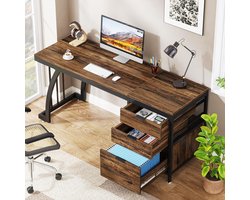 Computertafel met 3 lades, 150 cm, pc-bureau met omkeerbare lades, industrieel bureau met lade voor archiefkast voor thuiskantoor, rustiek bruin