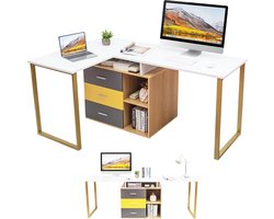 Computertafel voor 2 personen met 3 laden en 2 open vakken, L-vormige hoekbureau, schrijftafel, werktafel, hout, hoekcombinatie, tafel voor thuiskantoor