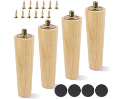 Conische Houten Meubelpoten, 15 cm Hoog, Set van 4, Inclusief Montageschroeven en Rubber Pads voor Stoelen en Tafels