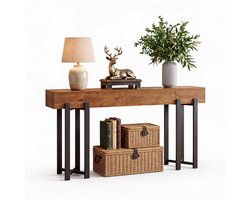 Consolatafel 160 x 30 x 80 cm - Smalle Industrieel Design Tafel met Zwart Metalen Frame & Houtlook Blad - Inclusief Montagebenodigdheden - Bruin/Zwart - Voor Hal, Gang, Achter de Bank & Kantoor
