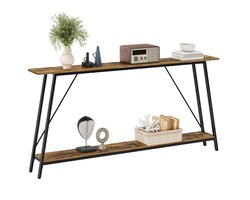 Console Tafel 180 cm - Smalle Sidetable met 2 Lagen - Industriële Haltafel - Metaal en Houtlook -Bruin/Zwart