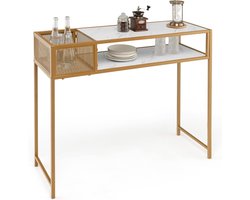 Console Tafel, 2-Laags Kunstmarmer Banktafel met Open Planken, Goud Stalen Frame, Moderne Entree Tafel, Vrijstaande Compacte Foyer Tafel, Smalle Achter Bank Tafel voor Woonkamer, Gang