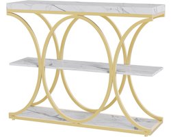 Console Tafel, 99 cm lange consoletafel met 3 opberg niveaus, halvemaanvormig metalen frame, bijzettafel, afmetingen 100(l) x 30(b) x 80(h) cm, goudkleurig / wit