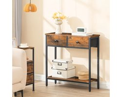 Console Tafel, Smalle Bijzettafel met 2 Stoffen Lades, 75cm Haltafel, Vintage Bruin en Zwart
