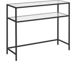 Consoletafel, bijzettafel met 2 planken, gehard glas, opbergplank, metalen frame, verstelbare poten voor woonkamer, hal, zwart LGT025B01