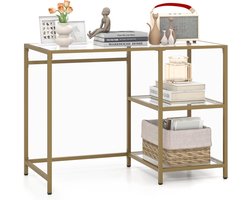 Consoletafel, bijzettafel van gehard glas met 2 open planken en metalen frame, gangtafel, sofatafel voor hal, woonkamer, slaapkamer, kantoor, goud