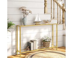 Consoletafel – Gouden Metalen Entreetafel met Gehard Glas – 100×22×80 cm – Modern & Minimalistisch