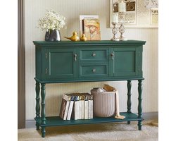 Consoletafel Groen Hout – Smalle Haltafel met Laden en Opbergkast – HomeByNicole Retro Woonkamer, Entree en Slaapkamer Meubel met Groot Onderste Rek