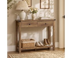 Consoletafel – Haltafel – Sidetable – Bijzettafel voor Hal en Woonkamer – 2 Lades en Opbergplank – Smalle Wandtafel – 100 x 24 x 76 cm – Honingbruin
