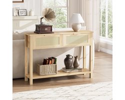Consoletafel, haltafel van MDF en metaal, met 2 lades en open opbergplank, smalle consoletafel met natuurlijk rotin, afmetingen 110 x 30 x 79 cm, eikenlook