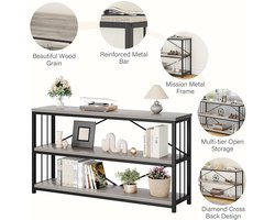Consoletafel Hout en Metaal – Smalle Boekenkast met 3 Niveaus – Industriële Haltafel – Banktafel voor Woonkamer & Hal – Compacte Opbergtafel – 140x34x74 cm – Grijs – HomeByNicole