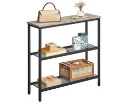 Consoletafel Industrieel – 3 Lagen – Haltafel/Sidetafel met 2 Roosterplanken – Metaal & Houtlook – Greige/Zwart