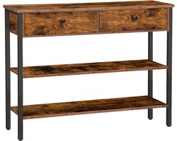 Consoletafel met 2 lades en 2 planken, haltafel , banktafel met stevig metalen frame, voor entree, hal, woonkamer, vintage bruin/zwart - 100 x 24 x 80 cm