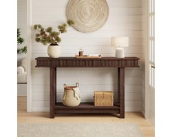 Consoletafel met Geribbeld Front - 2 Lagen - Sidetable - 140x30x81.5cm - Stevige Banktafel met Opbergplank - Rechthoekig - Landelijke Stijl - Voor Woonkamer En Hal - Walnootkleur