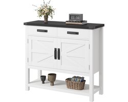 Consoletafel Met Laden En Deuren, Haltafel Met Opbergruimte, Wit Dressoir In Boerderijstijl Met Donker Bovenblad Voor Woonkamer, Hal En Eetkamer, 86 X 90 X 36 Cm